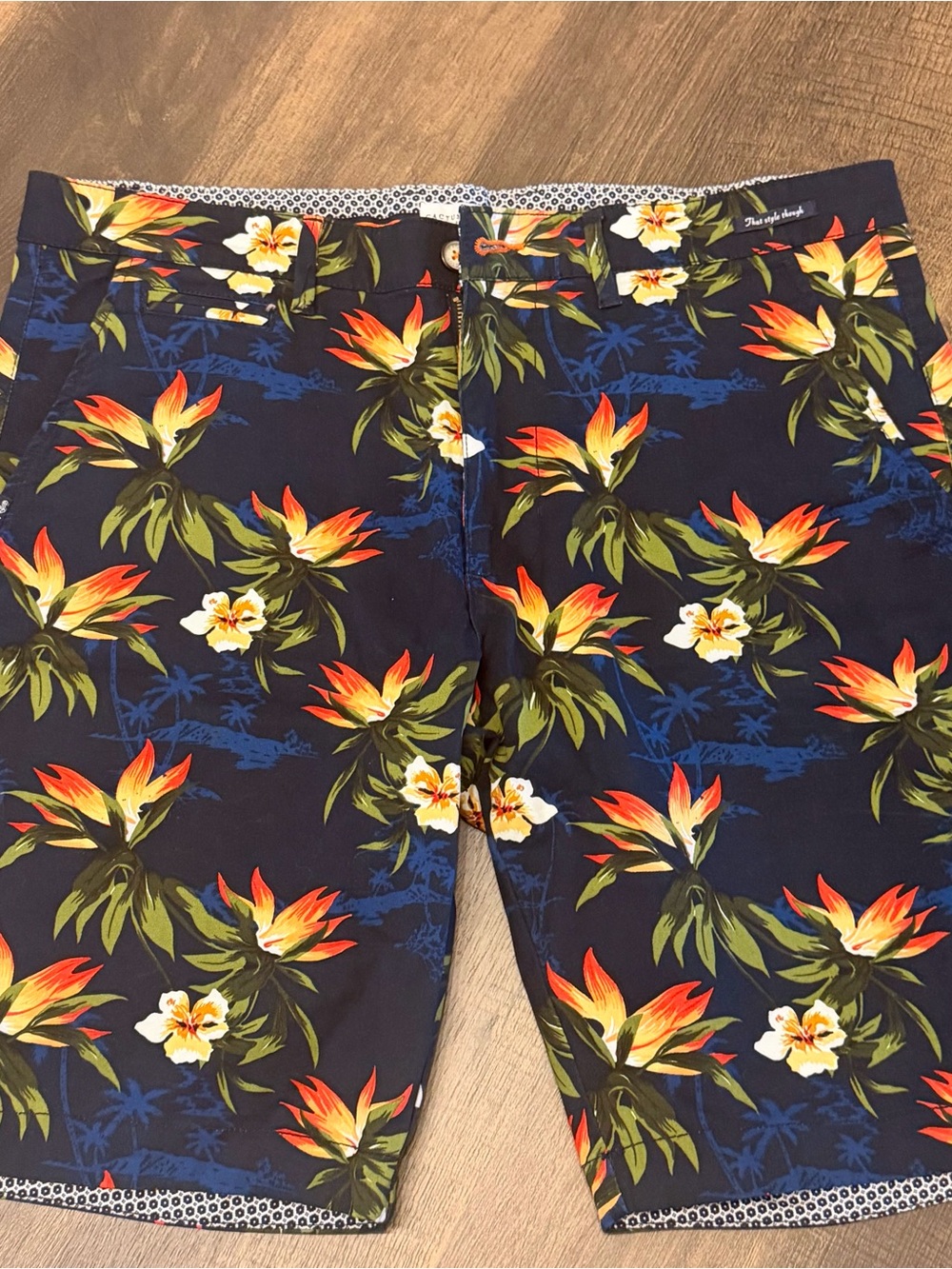 Cactus Man Navy Floral Print Shorts with Orange Accents